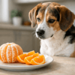 curious dog looking at fresh oranges