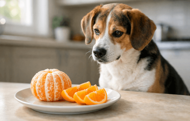 curious dog looking at fresh oranges