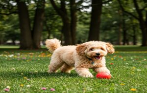 mini goldendoodle playing in the park