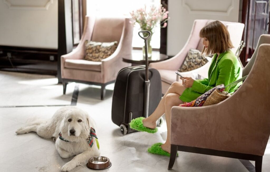 Woman with Pet Dog at the Hotel Lobby