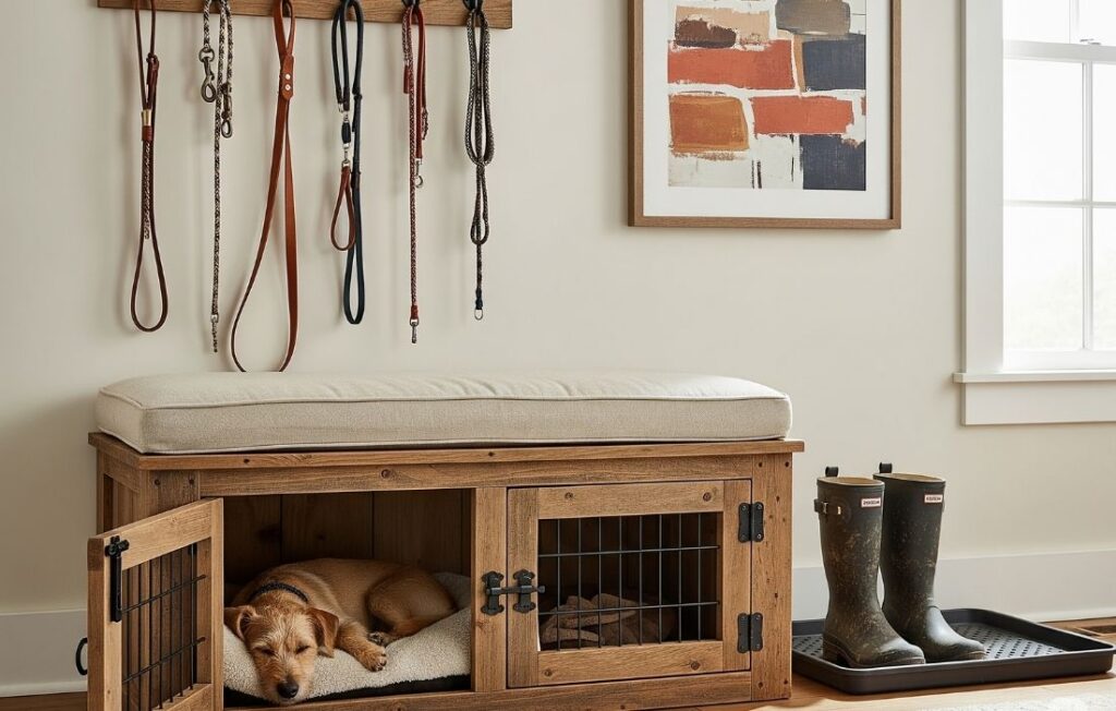 built in dog crate bench
