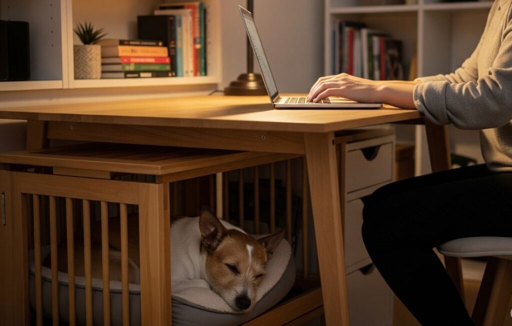 dog crate under desk