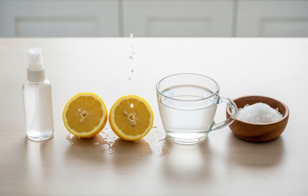 lemon salt and vinegar on a table