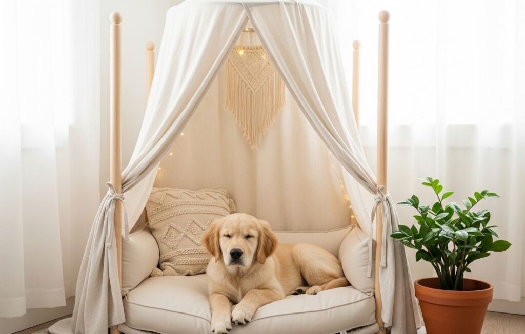 small dog lying in a canopy bed