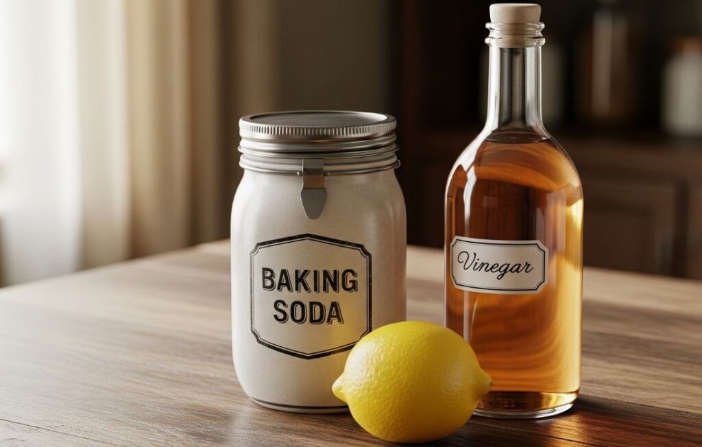 vinegar and baking soda on a table
