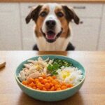 dog sitting in front of chicken and vegetable bowl