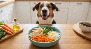 dog sitting in front of chicken and vegetable bowl