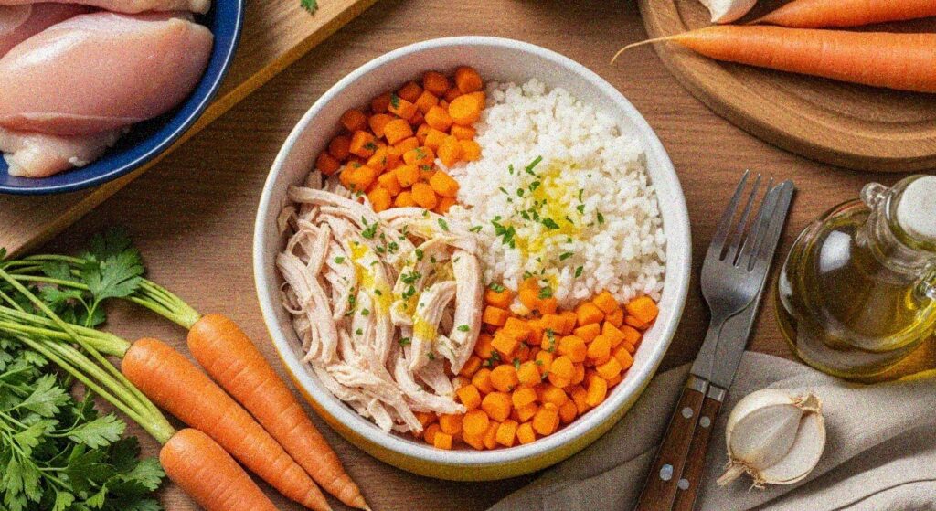 chicken rice and carrot dog bowl