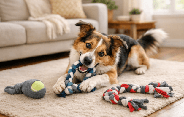 Playful pup with homemade toys