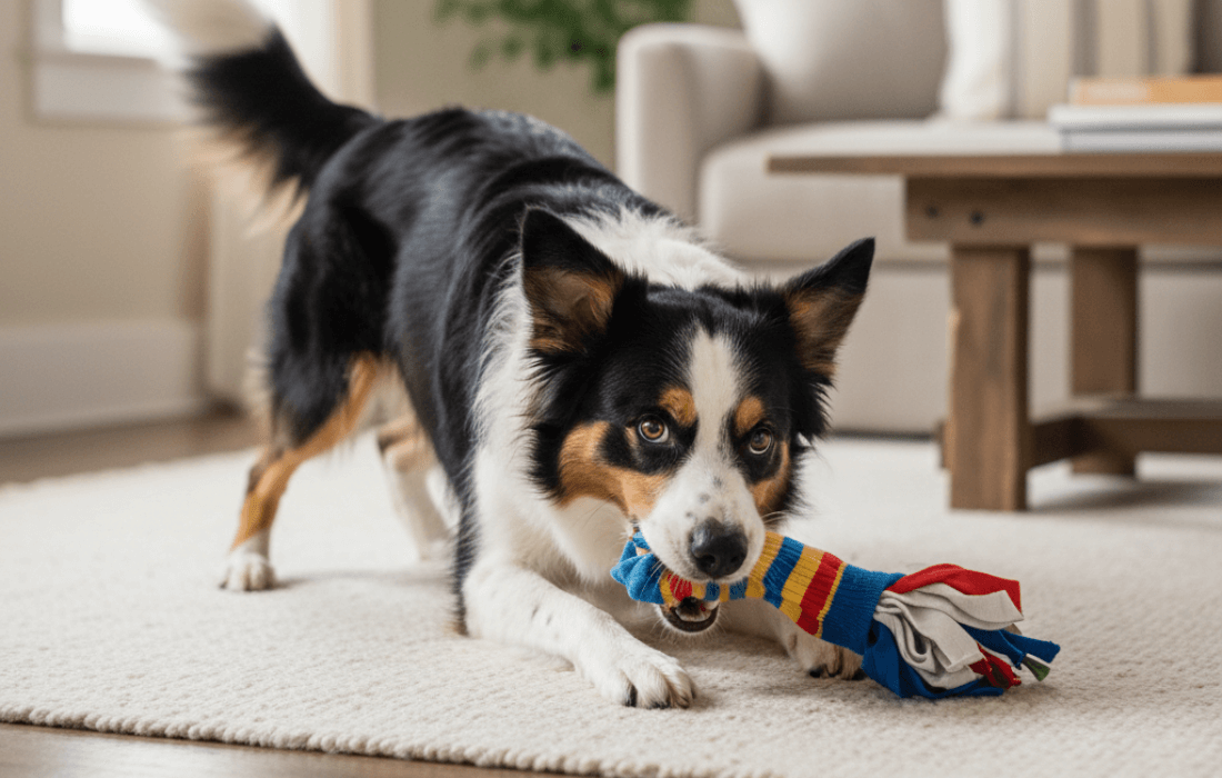 Playful pup with squeaky sock toy