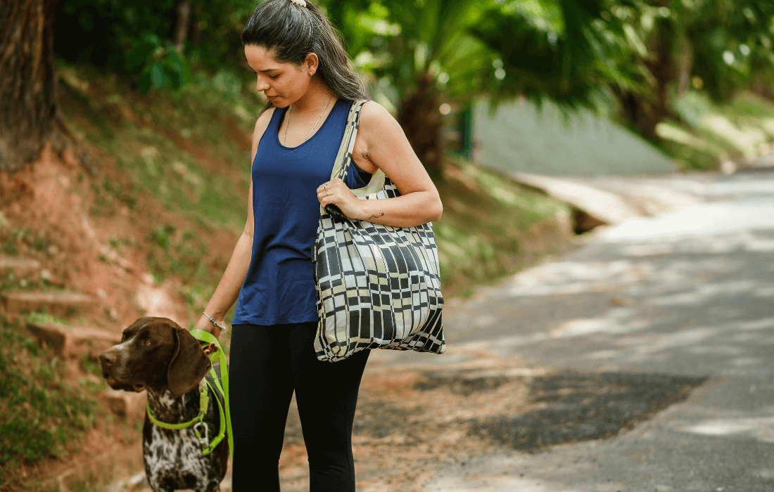Woman Walking Dog in Tropical Park
