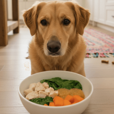 dog in front of chicken and sweet potatoe dog bowl
