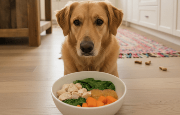 dog in front of chicken and sweet potatoe dog bowl