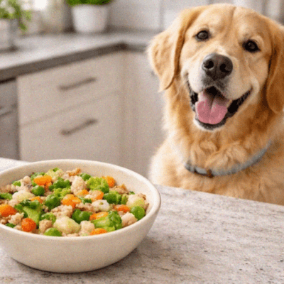 dog in front of turkey and vegetable bowl
