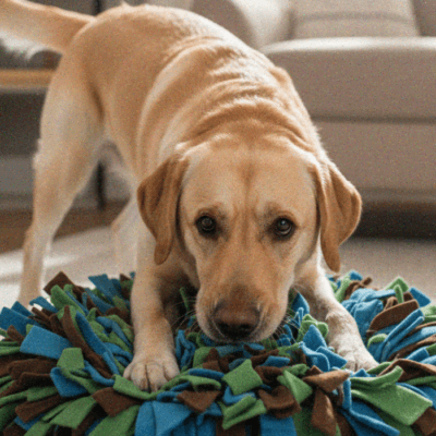 dog playing with snuffle mat