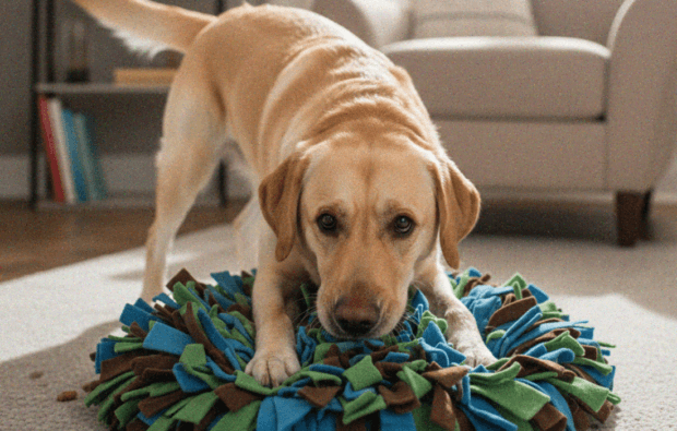 dog playing with snuffle mat
