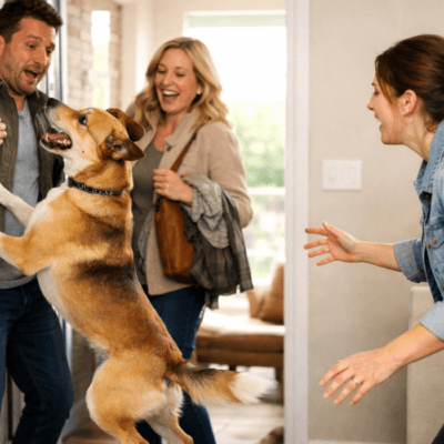 excited dog greets guests warmly