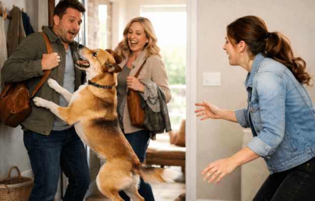 excited dog greets guests warmly