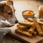 jack russel sniffing at pumpkin dog sticks