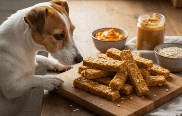 jack russel sniffing at pumpkin dog sticks