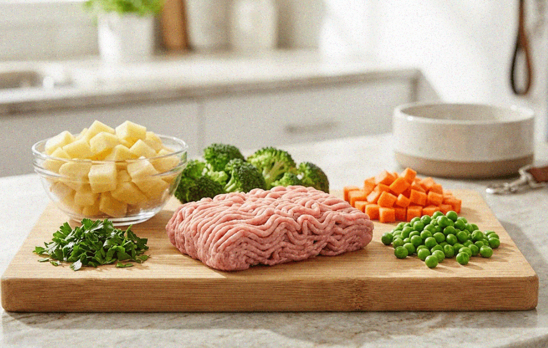 ingredients for turkey and vegetable dog bowl