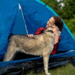girl camping with dog