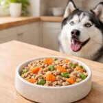 dog standing in front of lamb and rice vegetable dog bowl
