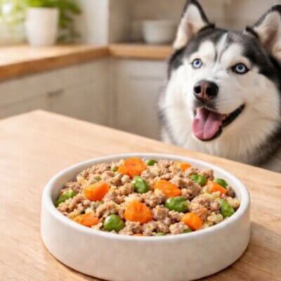 dog standing in front of lamb and rice vegetable dog bowl