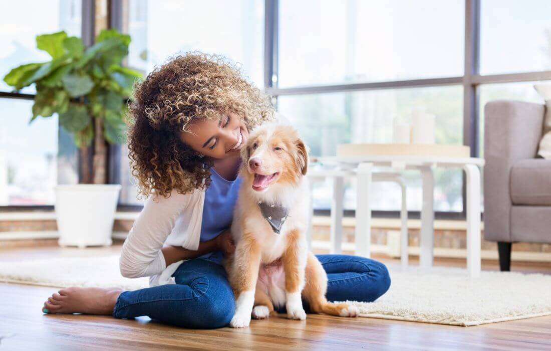 Young woman plays with new puppy at home